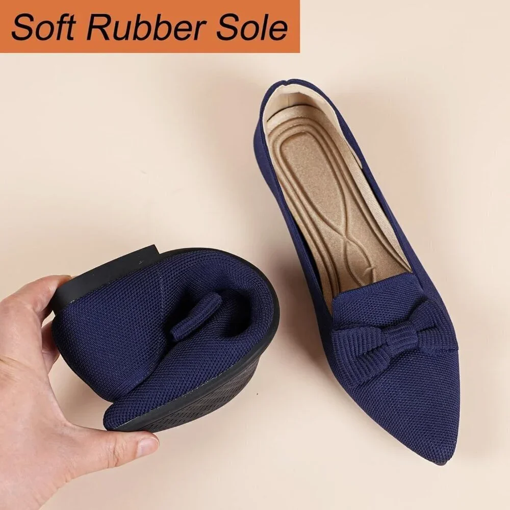 Women Mesh Ballet Blue Flats Bow Pointed Toe Comfortable Dress Shoes for Work